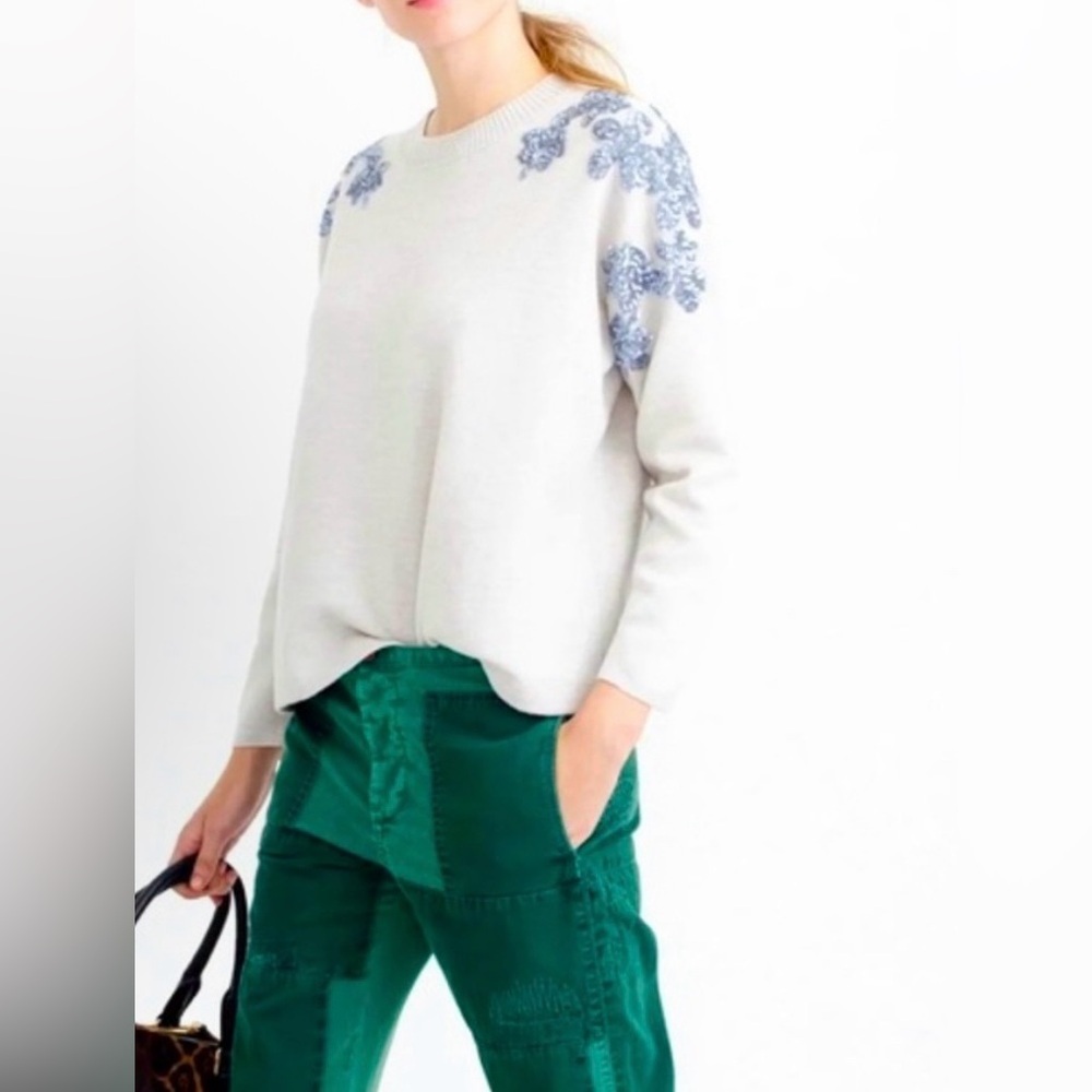 J. Crew Gray Merino Wool Boxy Sweater with Silver Sequin Detail - Size S